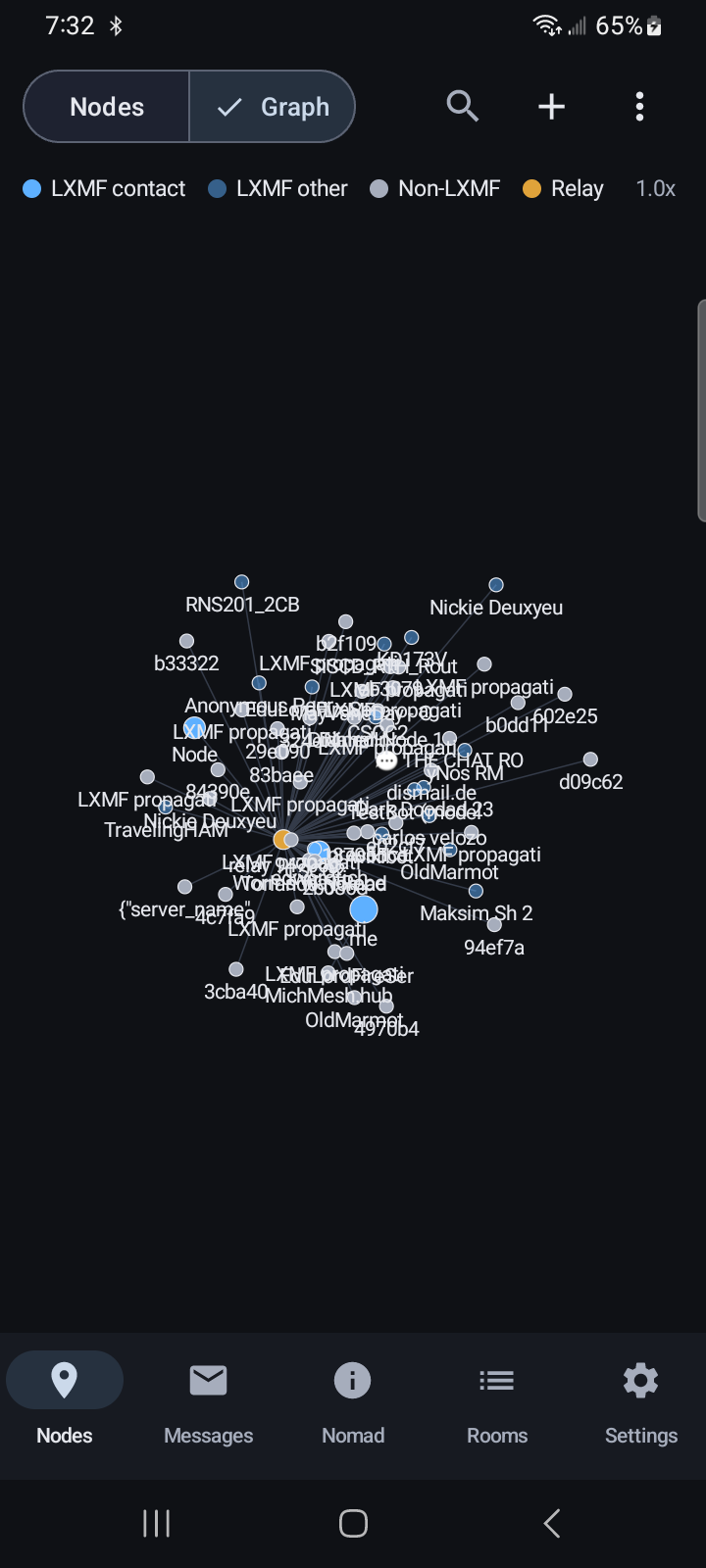 A force-directed graph visualising the topology of the Reticulum mesh network