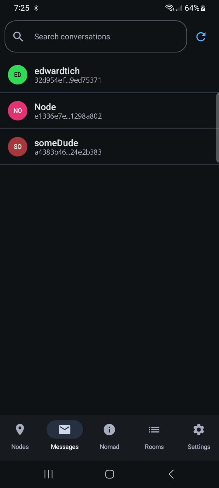 The Messages inbox showing encrypted LXMF conversations with favourites