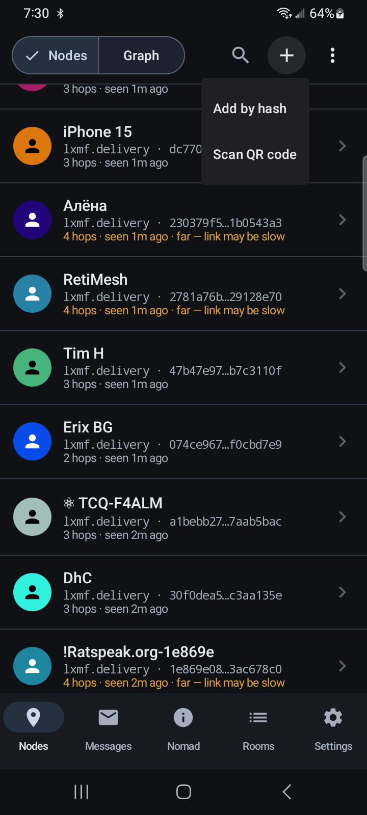 The Nodes header with the Add + button tapped, showing Add by hash and Scan QR code menu options