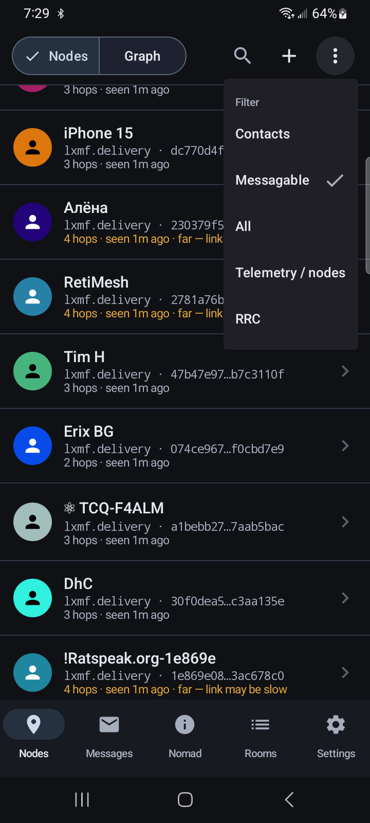 The Nodes header with the kebab menu tapped, showing the filter selection between All, Contacts, Messageable, Telemetry and RRC